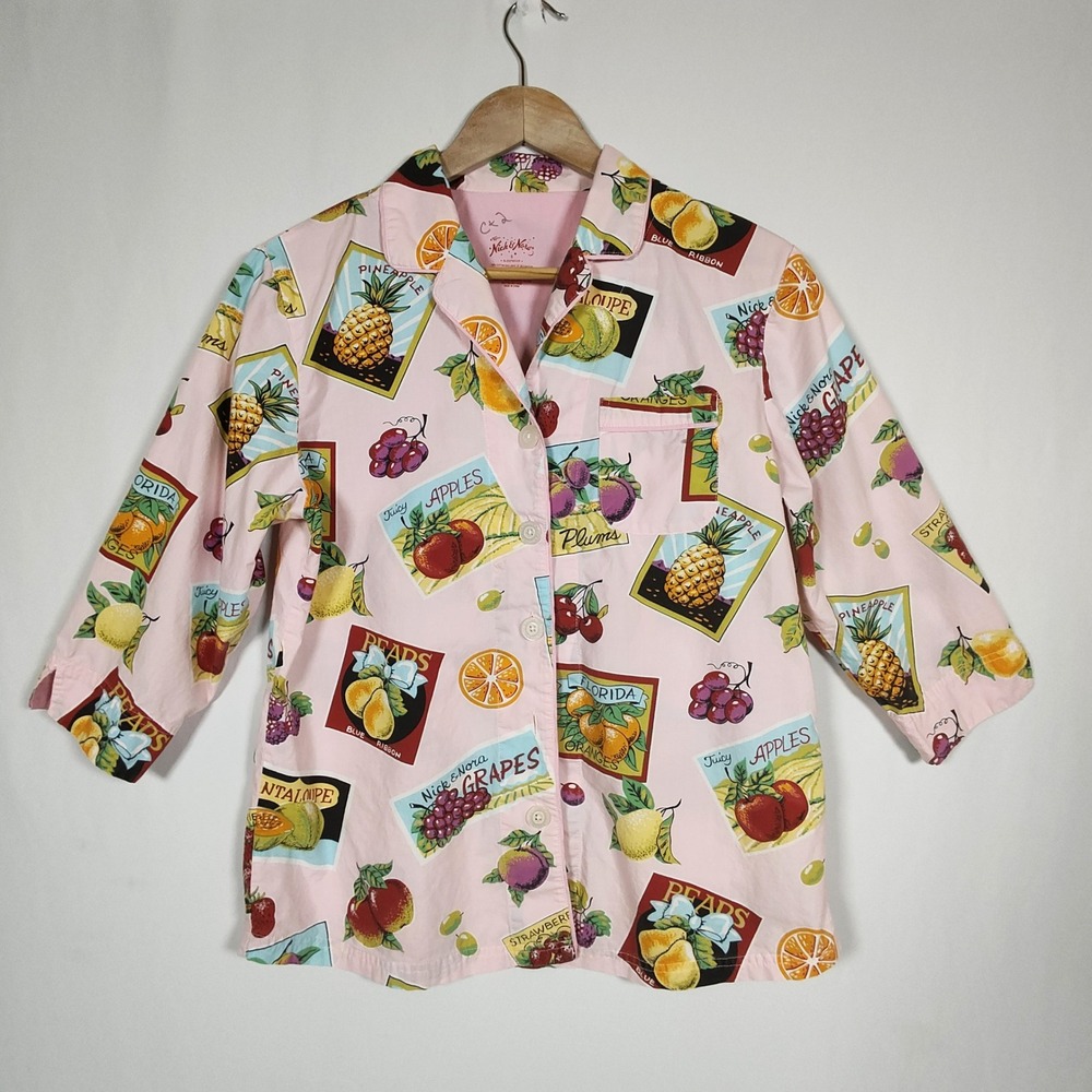 Nick & Nora Pajama Set Women's Small Pink Fruit Crate Print Cotton Sleepwear